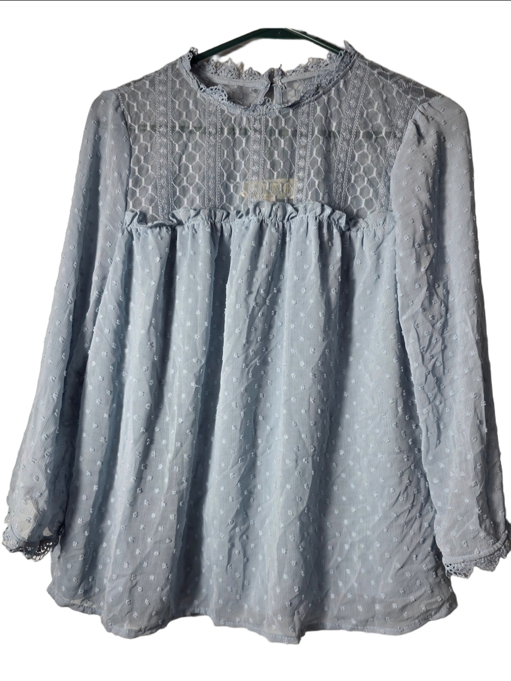 Sweet Wanderer Light Blue Lace & Mesh Blouse Large Cottagecore Feminine